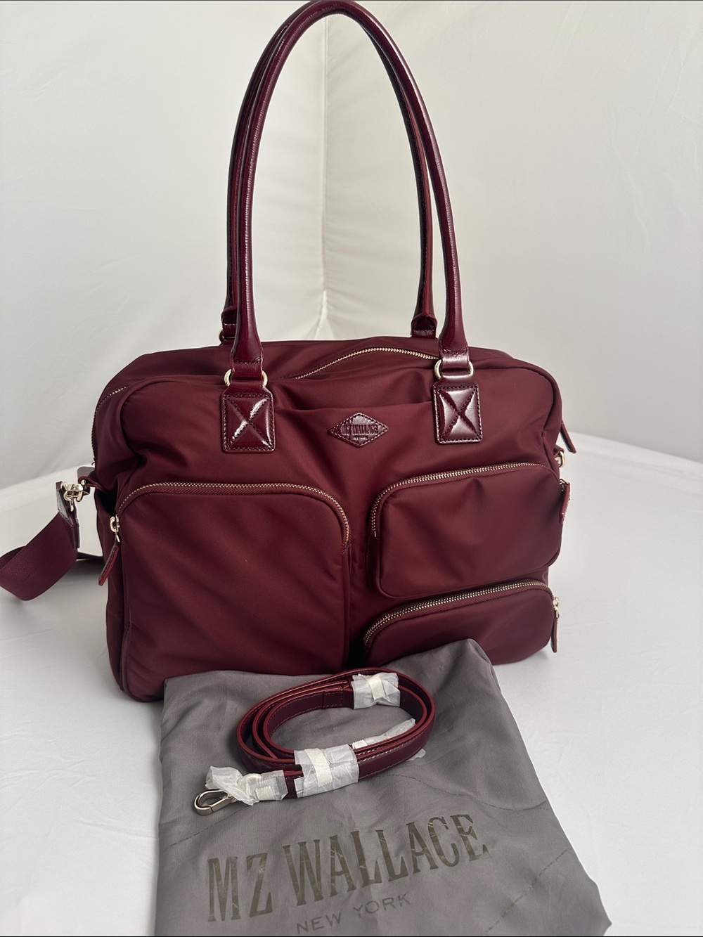 MZ Wallace Large Gramercy Satchel in Port burgundy nylon and leather accents